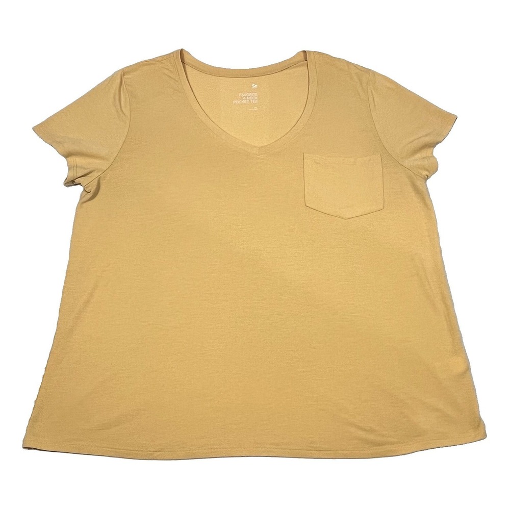 SO Favorite V-Neck Pocket Tee Women's XXL Tan Mustard Short Sleeve Stretch Basic
